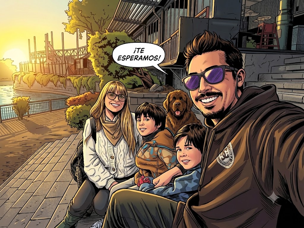 Marco, su familia y su perro esperándote a la fiesta