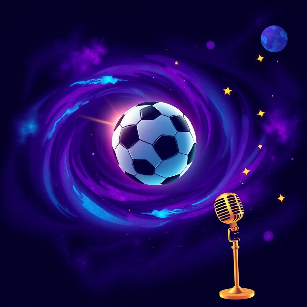 Ilustración cósmica con balón de fútbol flotando en una galaxia